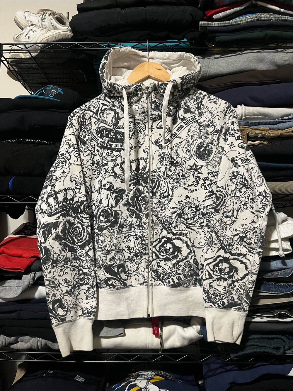 Y2k Streetwear Society White & Black Graphic Zip-Up Hoodie